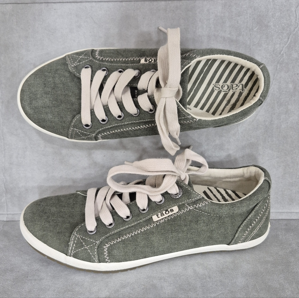 Taos Footwear Olive Green Canvas Sneakers with Cream Laces